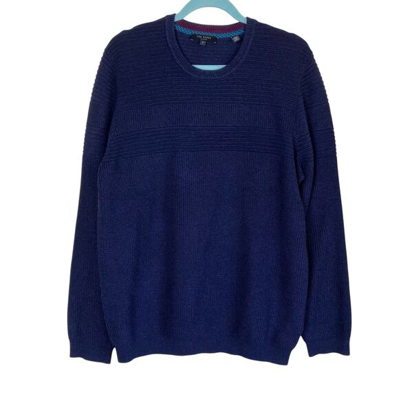 Ted Baker Sz 4 / Large Rossi Textured Knitted Crewneck Sweater Heathered Navy - Picture 1 of 16